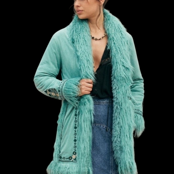 Spell Joplin Jacket Teal Fur Afghan Penny Lane Coat - Picture 4 of 12